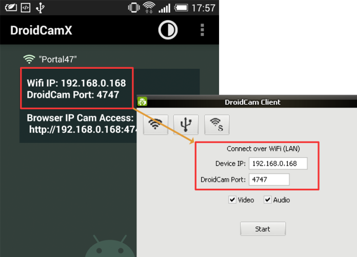 Use DroidCam software with programs you have installed on your PC DroidCam Client