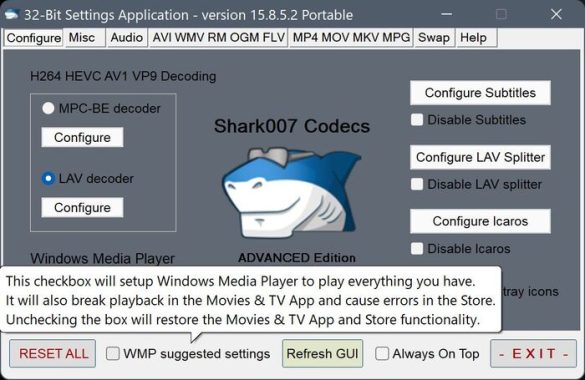 Advanced Codecs tool – portable codec solution Windows 10, 11